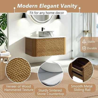 42 Inch Modern Bathroom Vanity with Ceramic Sink, Floating Bathroom Sink Cabinet with Sintered Stone Top&Solid Wood Hammered Frame, Single Bathroom Vanities w/Soft-Close Drawer&Side Open Cube