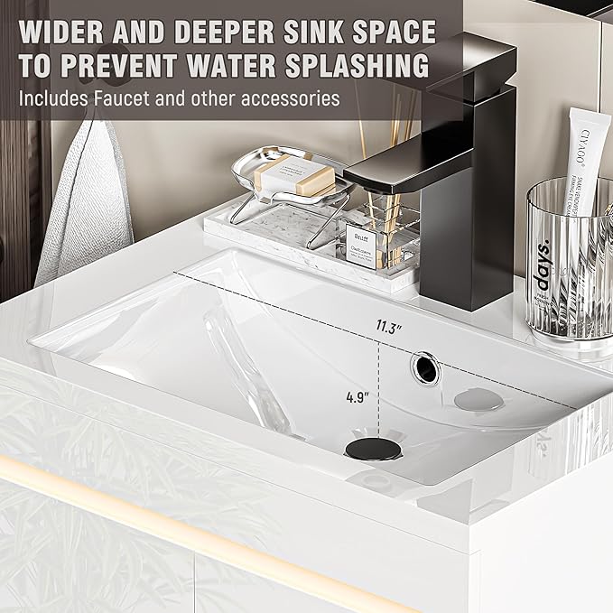 Spurgehom 24 inch Bathroom Vanity with Sink and Faucet, Floating Vanity Bathroom Cabinet with Night Light Motion Sensor, Modern Wall Mounted Bathroom Storage Cabinet, Soft-Close System, White