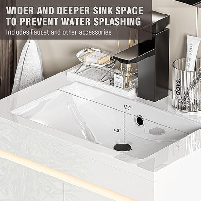 Spurgehom 24 inch Bathroom Vanity with Sink and Faucet, Floating Vanity Bathroom Cabinet with Night Light Motion Sensor, Modern Wall Mounted Bathroom Storage Cabinet, Soft-Close System, White