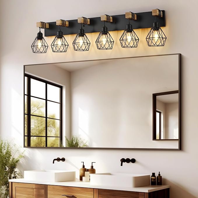 maesta 6 Light Bathroom Vanity Light, Farmhouse Black Fixture Over Mirror | Farmhouse Bathroom Light Fixtures, Wood & Metal, Anti-Rust, Easy to Install for Rustic Bathroom Hallway