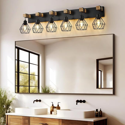maesta 6 Light Bathroom Vanity Light, Farmhouse Black Fixture Over Mirror | Farmhouse Bathroom Light Fixtures, Wood & Metal, Anti-Rust, Easy to Install for Rustic Bathroom Hallway