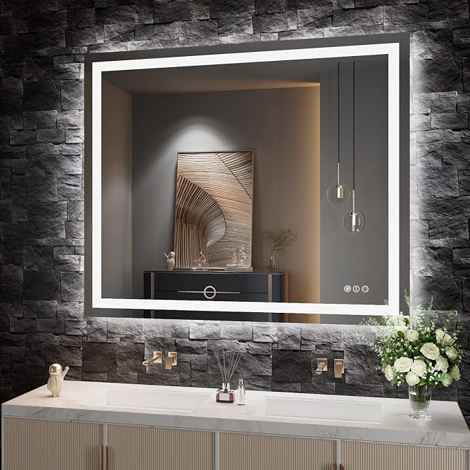 LED Bathroom Mirror 48"X40" with Front Light and Backlit | Stepless Dimmable, Anti-Fog, Shatter-Proof, HD Reflection, Memory, 3 Colors Lighting, UL Listed (Horizontal/Vertical).