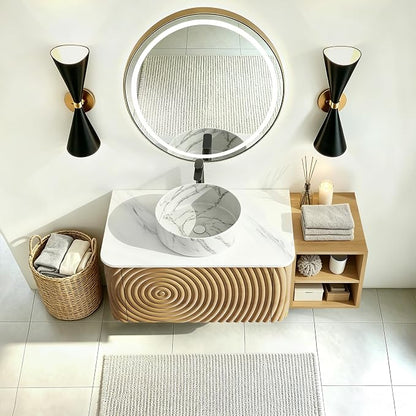 42" Floating Bathroom Vanity with Sink, Mid-Century Wall Mounted Bathroom Vanity Cabinet with Wood Waved Decor,Marble Ceramic Basin and Sintered Stone Top, Soft Close Drawer, Side Open Cube