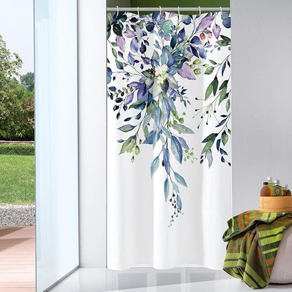 Green Eucalyptus Shower Curtain, Watercolor Floral Print, 48x72 | Watercolor Plant Leaves Floral Print, Stall Waterproof Fabric Bathroom Decor, Machine Washable, Rustproof Grommets