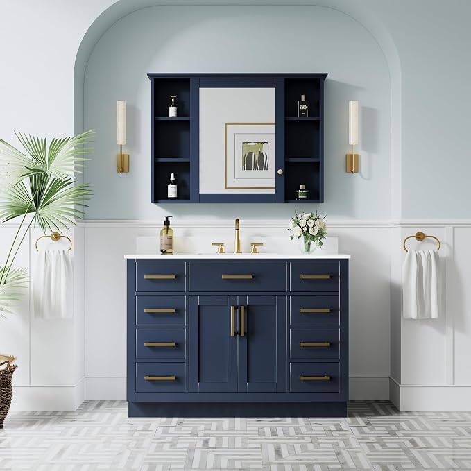 48-Inch Bathroom Vanity with Sink W/ 2 Doors & 8 Drawers & 1 Flip Drawer, Navy Blue Vanity W/Brushed Gold Handles
