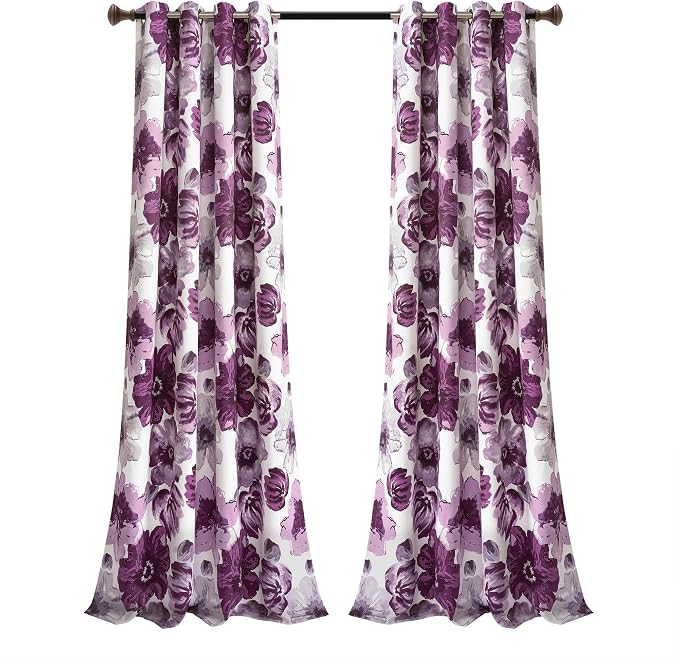 Lush Decor Leah Light Filtering Window Curtain Panels, Pair, 52" W x 84" L, Purple & Gray - Floral Drapes for Bedroom - Purple Curtains - Farmhouse Decor