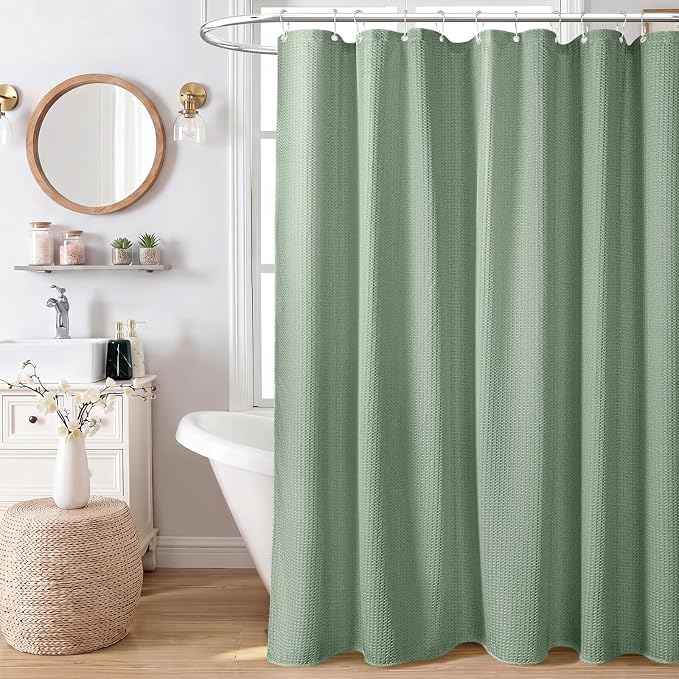Stall Waffle Shower Curtain 256 GSM Heavy Fabric 48x72 Sage Green | 48 Inch Wide, Thick Cloth, Weighted Hem, Water Repellent, Hotel Luxury Polyester Shower Curtain Set for Bathroom 8 Hooks