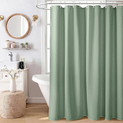 Stall Waffle Shower Curtain 256 GSM Heavy Fabric 48x72 Sage Green | 48 Inch Wide, Thick Cloth, Weighted Hem, Water Repellent, Hotel Luxury Polyester Shower Curtain Set for Bathroom 8 Hooks