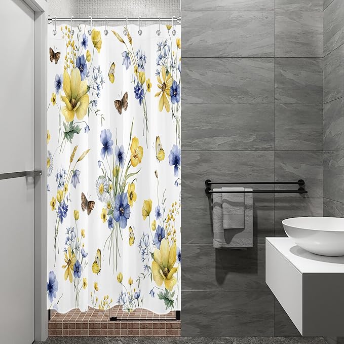 HVEST Farmhouse Floral Shower Curtain with Hooks, Blue and Yellow Flower and Butterfly on White Shower Curtain for Bathroom, Rustic Wildflower Bathroom Curtains Shower Set, 48X72 inch