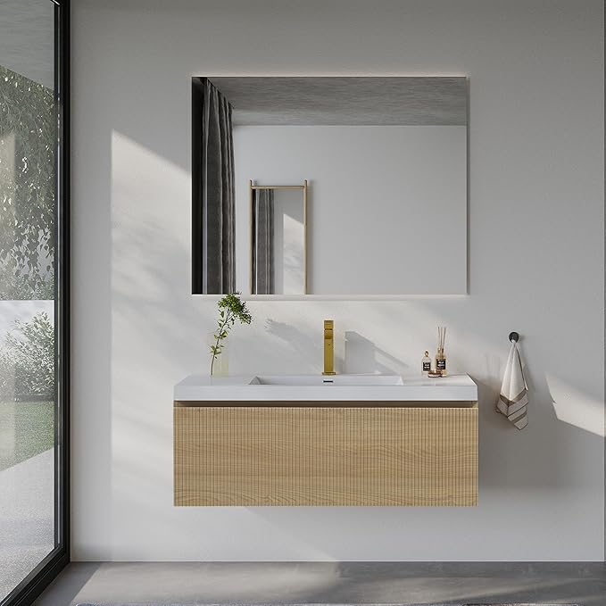42'' Floating Bathroom Vanity with Sink Combo, Modern Wall-Mounted Striped Bathroom Storage Cabinet with Soft-Close Drawer and Glossy White Solid Surface Basin, No Assembly Required, Natural Oak