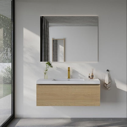 42'' Floating Bathroom Vanity with Sink Combo, Modern Wall-Mounted Striped Bathroom Storage Cabinet with Soft-Close Drawer and Glossy White Solid Surface Basin, No Assembly Required, Natural Oak