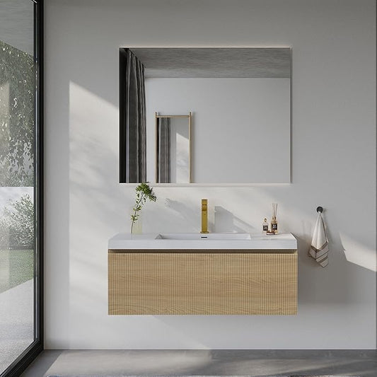 42'' Floating Bathroom Vanity with Sink Combo, Modern Wall-Mounted Striped Bathroom Storage Cabinet with Soft-Close Drawer and Glossy White Solid Surface Basin, No Assembly Required, Natural Oak