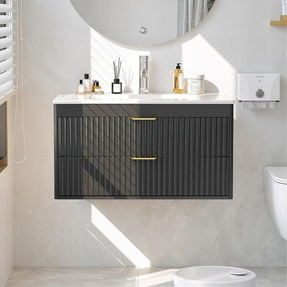 30 Inch Floating Bathroom Vanity with Sink, Bathroom Wall Cabinet with 2 Fluted Drawers & Metal Handle, Wall Mounted Cabinet for Bathrooms (Black, 30 inch, with Sink)