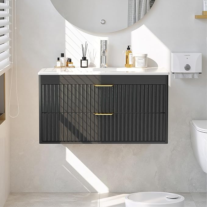 30 Inch Floating Bathroom Vanity Without Sink, Bathroom Wall Cabinet with 2 Fluted Drawers & Metal Handle, Wall Mounted Cabinet for Bathrooms (Black, 30 inch, Without Sink)