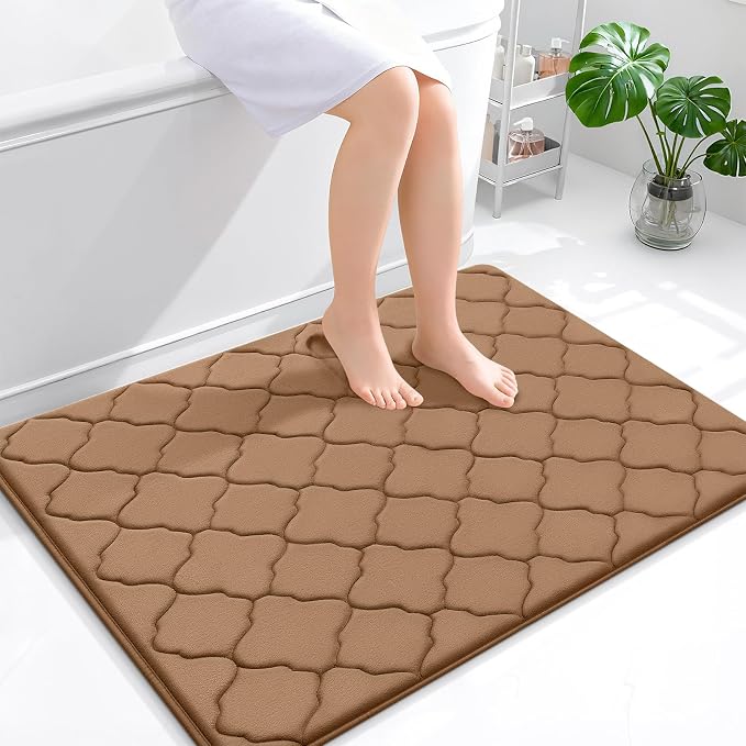 OLANLY Memory Foam Bath Mat Rug 40x32, Ultra Soft and Absorbent Bathroom Rugs, Non-Slip, Comfortable, Machine Washable Bath Carpet for Bathroom Floor, Tub Shower and Home Decor Accessories, Dark Beige