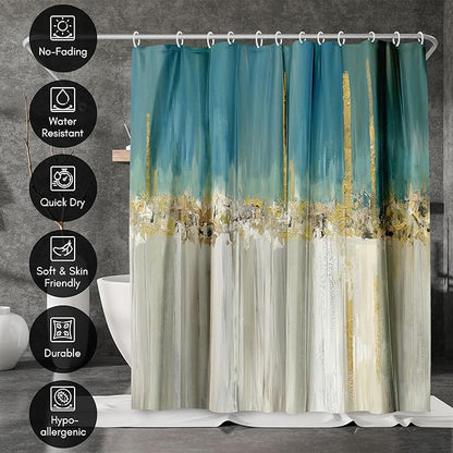 Americanflat 71x74 Modern Batik Shower Curtain - Water-Resistant Long Shower Curtain with Durable Metal Grommets and 12 Hooks - 100% Polyester - Teal Blue, Ivory, Gold and Greige