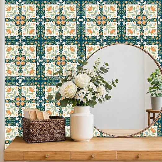Teal Orange Floral Peel and Stick Floor Tiles 12x12 Inch 10PCS | Teal orange cream floral geometric pattern vinyl floor stickers for kitchen bathroom entryway and indoor home decor