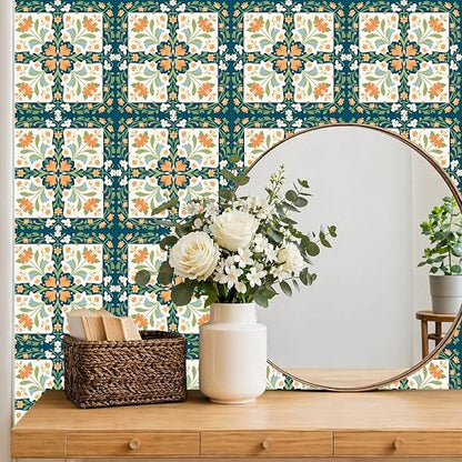 Teal Orange Floral Peel and Stick Floor Tiles 12x12 Inch 10PCS | Teal orange cream floral geometric pattern vinyl floor stickers for kitchen bathroom entryway and indoor home decor