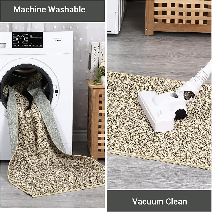 Washable Area Rug 10x13 Modern Braided Print for Living Room, Bedroom, Farmhouse - Soft Large Non-Slip Throw Carpet, Stain Resistant for Nursery, Dining Room 10'x13' Natural