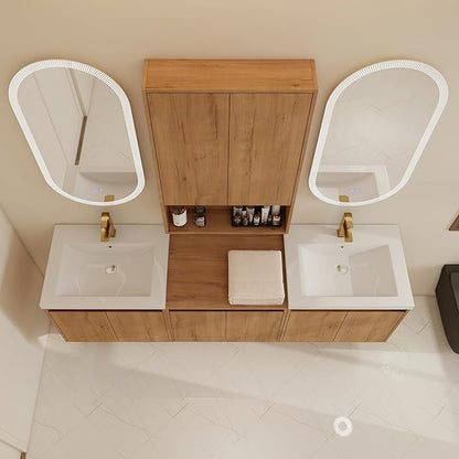 72" Bathroom Vanity Set, 72 Inch Modern Floating Vanity with 6 Doors and 1 Wall-Mounted Side Cabinet, Double Resin Sinks Wall Mount Cabinet Set, Open Storage Shelf, Imitative Oak