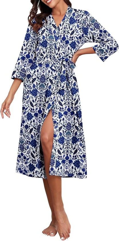 PrinStory Robes for Women 3/4 Sleeve Long Bath Robe XS-4XL | V-Neck Knit Bathrobe with Pockets, Lightweight, Soft, Breathable Robes for Shower, Spa, Travel, Home, Party, Nursing