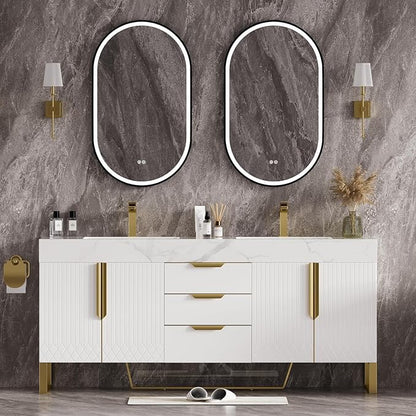 homary 60" Freestanding Bathroom Vanity Set with Double Sink, Modern Bathroom Sink Cabinet Storage Cabinet with Sintered Stone Countertop and Ample Storage, White