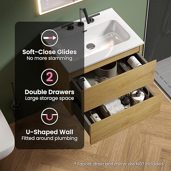 24" Bathroom Vanity with Sink, Modern Floating Vanity with Double Soft Closing Drawers, Large Storage for Small Space, Natural Oak, Fully Assembled - Iris Collection