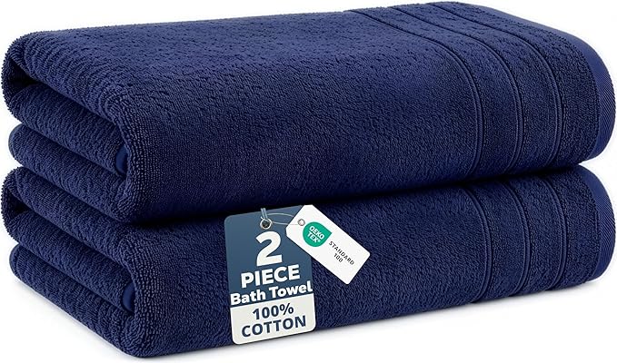 Casa Platino 100% Cotton 2 Pack Bath Towels (30"x60") - Ring Spun Mercerized Cotton Towels Set for Bathroom - Quick Dry, Soft & Absorbent Large Bath Towel Set - Dorm Essentials for Boys - Navy Blue