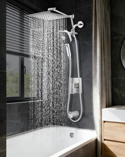 10" Rainfall Shower Head with Handheld Combo, High Pressure Dual Showerhead with Square Rain& Magnetic Hand Sprayer, 15" Adjustable Metal Extension Arm (Chrome)