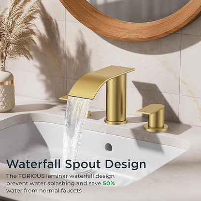 FORIOUS Upgrade Brushed Gold Bathroom Faucets 3 Hole, 8 Inch Widespread Waterfall Bathroom Sink Faucet Two Handle with CUPC Hose and Metal Pop-up Drain for Lavatory, Farmhouse, Rv Remodel