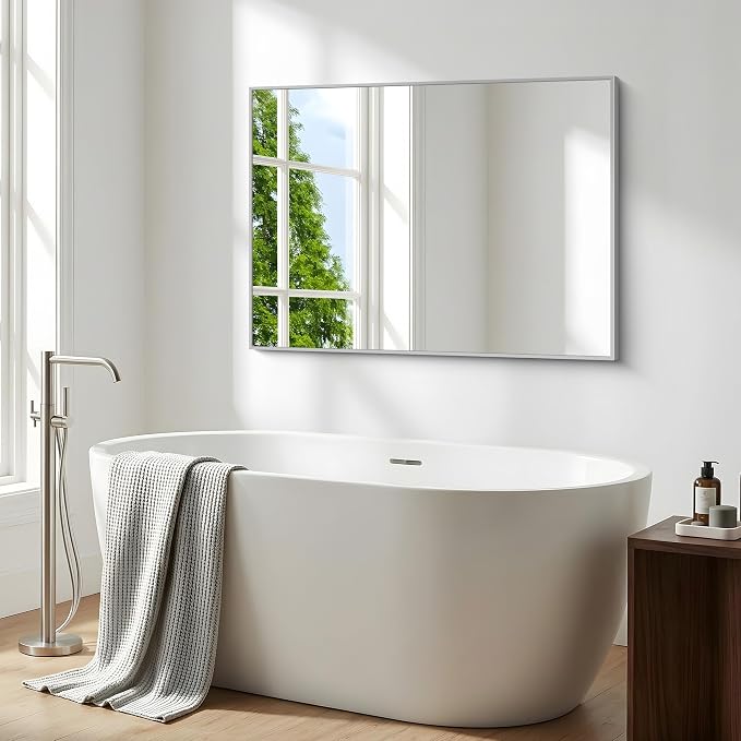 BONEWEI Silver Bathroom Mirror,30x42 inch Wall Mirror for Bathroom Wall Mounted,Rectangle Mirror for Bathroom Over Sink,Modern Metal Frame for Living Room,Bedroom Entryway,Horizontal/Vertical