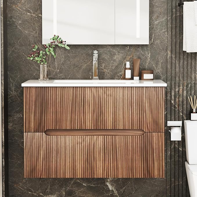 EROMMY 30 Inch Bathroom Vanity with Sink, Floating Bathroom Vanity with Ceramic Basin, Wall Mounted Bathroom Sink Cabinet Set with 2 Soft-Close Drawers, Faucet & Pop Up Drain, Walnut