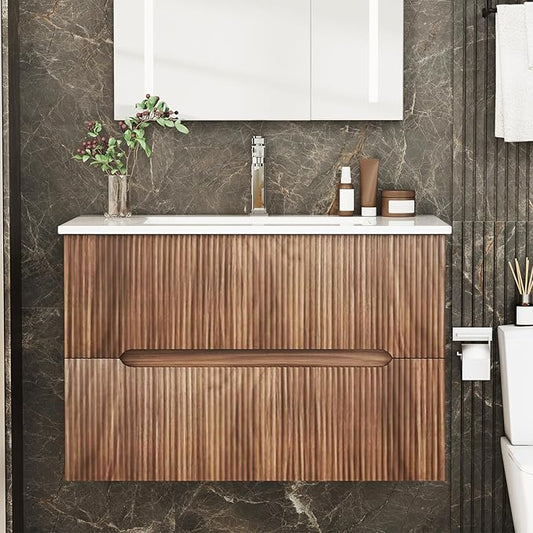 EROMMY 30 Inch Bathroom Vanity with Sink, Floating Bathroom Vanity with Ceramic Basin, Wall Mounted Bathroom Sink Cabinet Set with 2 Soft-Close Drawers, Faucet & Pop Up Drain, Walnut