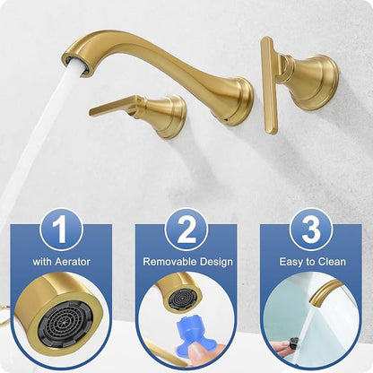 Wall Mount Tub Faucet, High Flow Solid Brass Brushed Gold Bathtub Faucet, 2 Handles Tub Filler with 8" Spout Reach, Rough-in Valve Included