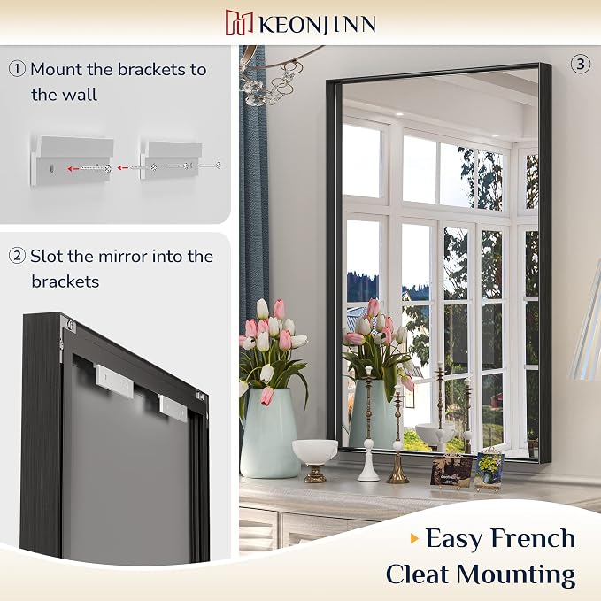 Keonjinn 42x36 Inch Matte Black Bathroom Mirror for Over Sink, Rectangular | HD Tempered Glass, Vanity Mirror, Brushed Framed, Square Corner, Modern Farmhouse, Wall Mounted Mirrors, Aluminum Alloy