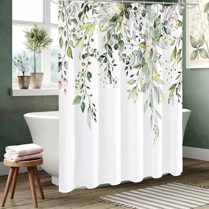 Sage Green Eucalyptus Shower Curtain, Floral Print, 72x84 | Watercolor Plant Leaves Floral Print, Extra Long Waterproof Fabric Bathroom Decor, Machine Washable, Rustproof Grommets