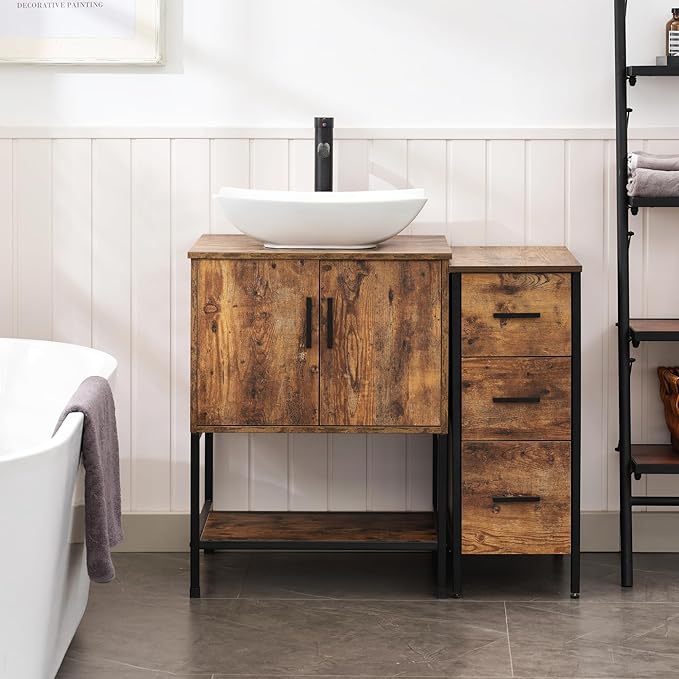 UEV 36" Rustic Brown Bathroom Vanity with Sink Combo,Industrial Iron Frame Bathroom Cabinet Sets with 3 Drawers Side Cabinet,Modern Artistic Ceramic Vessel Sink(032WH)