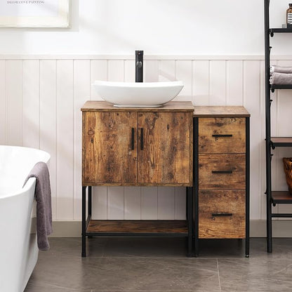UEV 36" Rustic Brown Bathroom Vanity with Sink Combo,Industrial Iron Frame Bathroom Cabinet Sets with 3 Drawers Side Cabinet,Modern Artistic Ceramic Vessel Sink(032WH)