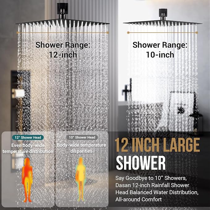 DASAN Full Body Shower System with 6 PCS Body Spray Jets & 12'' Rain Overhead Shower & Handheld, In-Wall Rain Shower System Matte Black Shower Faucets Sets Complete with Valve, SA-SS03AMB-S12W
