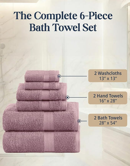 LANE LINEN Large Bath Towel Set Absorbent Quick Dry 6 Piece - Wishful Mauve | Cotton Towels - Fade-Resistant Color, Classic Terry Weave, Densely Woven, Coordinated Colors, Dobby Border Accent