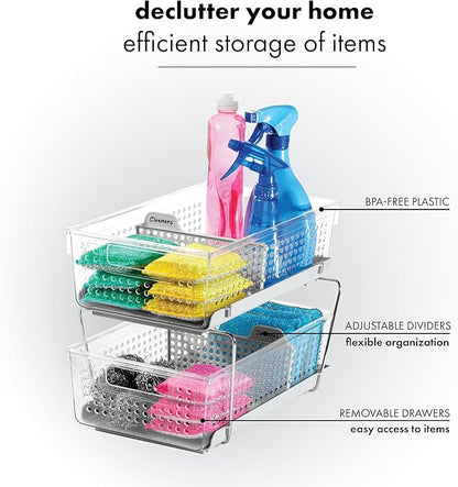 madesmart 2 Tier Organizer, Under Cabinet Storage with Pull Out Sliding Drawers, for Cleaning Supplies, Undersink, Sponges, Bottles & Bath, Adjustable Dividers & Pull Out Baskets, Grey