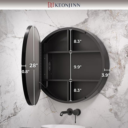 Keonjinn 28 Inch Round Lighted Medicine Cabinet, Black LED Medicine Cabinet Mirror, Circle, Electrical Outlet, 3 Color Lights, Anti-Fog, Dimmable, Surface Mount Only