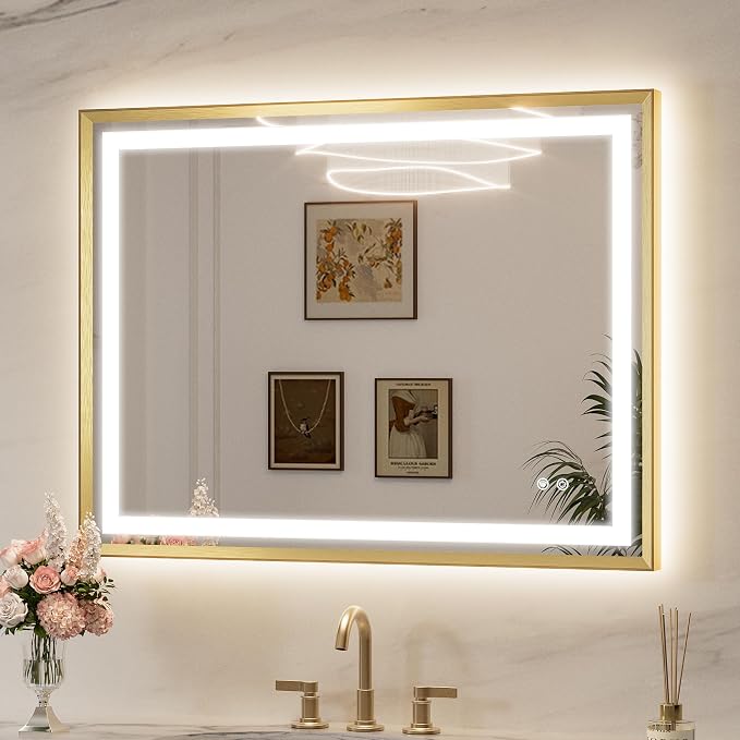 Keonjinn 40x30 Inch Gold LED Bathroom Mirror with Lights, Beveled Edge | Frontlit & Backlit, Lighted Bathroom Mirror, HD Tempered Glass, 3 Color Temperatures, Anti-fog, Stepless Dimmable