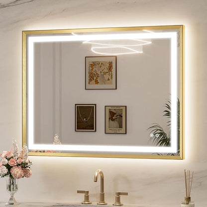 Keonjinn 40x30 Inch Gold LED Bathroom Mirror with Lights, Beveled Edge | Frontlit & Backlit, Lighted Bathroom Mirror, HD Tempered Glass, 3 Color Temperatures, Anti-fog, Stepless Dimmable