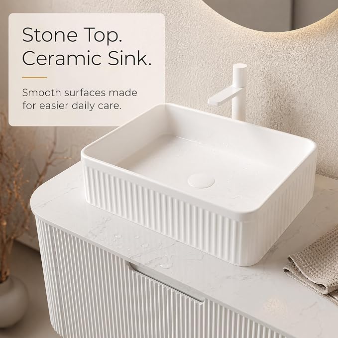 36 Inch Bathroom Vanity with Sink, Floating Wall Mounted Single Sink Vanity, White Curved Fluted Front, Stone Top, White Textured Rectangular Vessel Basin, Pre-Assembled