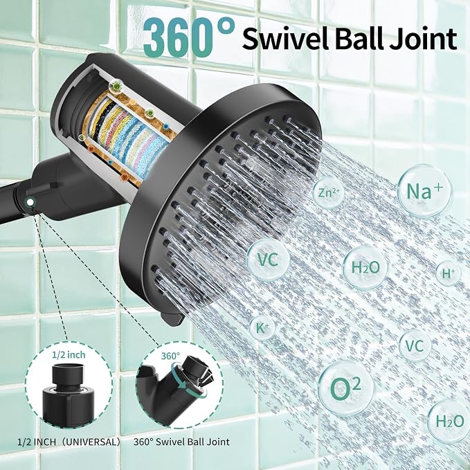 SR SUN RISE Filtered Shower Head with Filters,High Pressure Rain Shower Head,20-Stage Shower Filter,1.8/2.5 GPM Flow Rate,6 Spray Modes for Hard Water Softener,Remove Chlorine (Black,5.5 Inch)