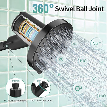 SR SUN RISE Filtered Shower Head with Filters,High Pressure Rain Shower Head,20-Stage Shower Filter,1.8/2.5 GPM Flow Rate,6 Spray Modes for Hard Water Softener,Remove Chlorine (Black,5.5 Inch)