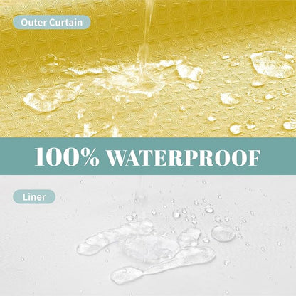 eachope No Hook Long Waffle Shower Curtain, Snap-in Liner, 71x86 in, Yellow | 230 GSM waffle weave fabric, waterproof liner set with 2 bottom magnets, mesh top window, washable, for bathroom or hotel use