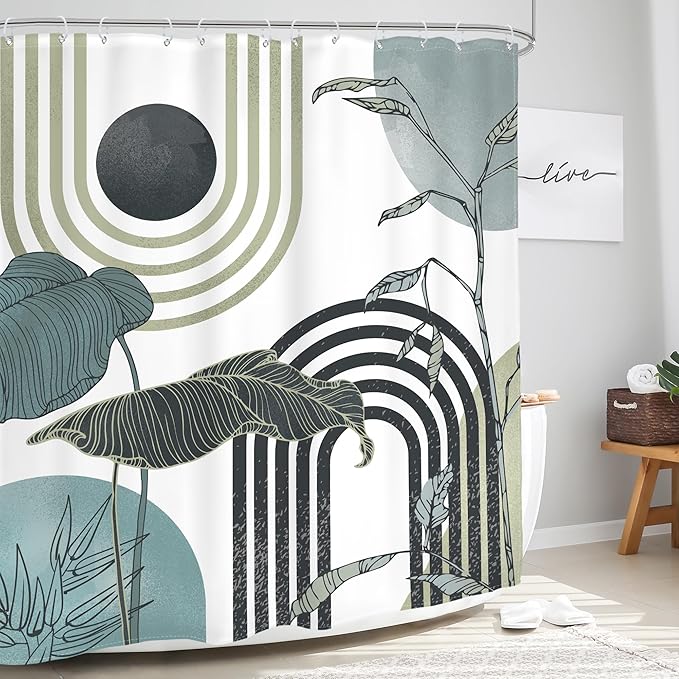 Glawry Green Teal Blue Abstract Shower Curtain Mid Century Boho Retro Tropical Palm Tree Leaves Sun Arch Modern Bathroom Geometric 60Wx72L Inches Bath Accessories Art Home Decor Fabric 12 Pack Hooks