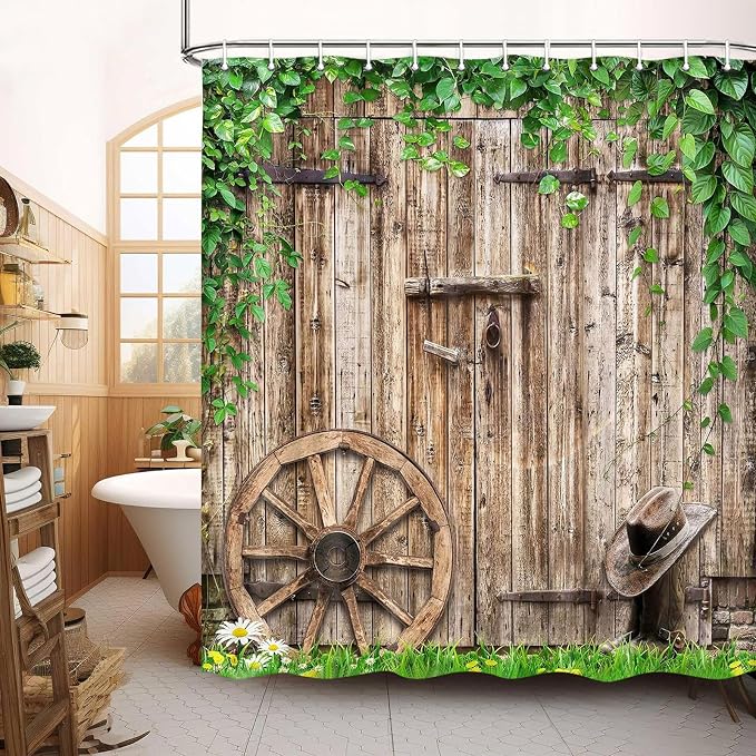 Rustic Farmhouse Country Barn Door Shower Curtain for Bathroom,Wood Board Plank Country Vintage Green Leaves Garage Cabin Decor Curtains,Wooden Wheel Boots Bath Curtains with Hooks 72X84IN